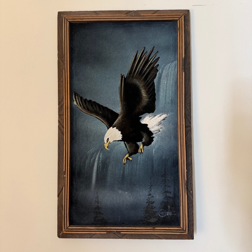 VTG Black Velvet Ortiz Signed American Bald Eagle Painting 13” x 22”  1970s